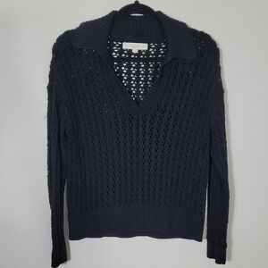 LOFT Women Open Knit Crochet Sweater Size S Black Collar Cotton